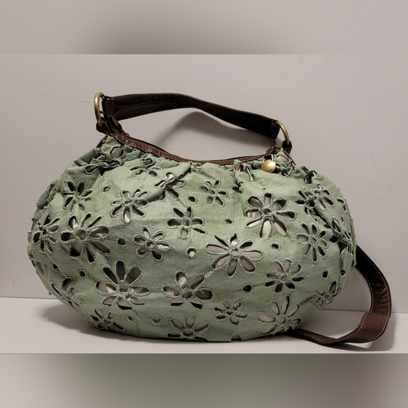 VINTAGE Kenzie Green and Metalic Flower Pattern Hobo Crossbody Bag /Shoulder Bag - Picture 14 of 15